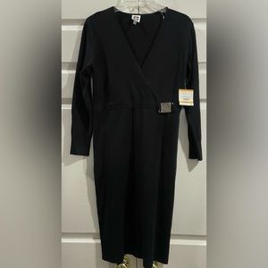 Anne Klein Womens Med Black Faux Wrap Dress Long Sleeve Work Office Career NWT